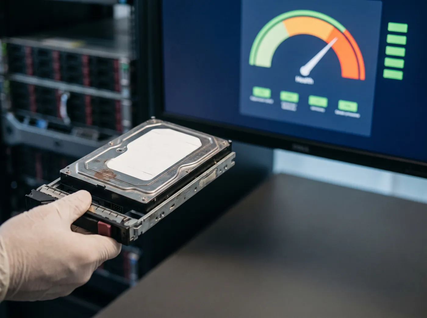 Un disque dur de serveur sorti de sa baie, et une jauge de santé du disque dans la zone orange sur l'écran de supervision